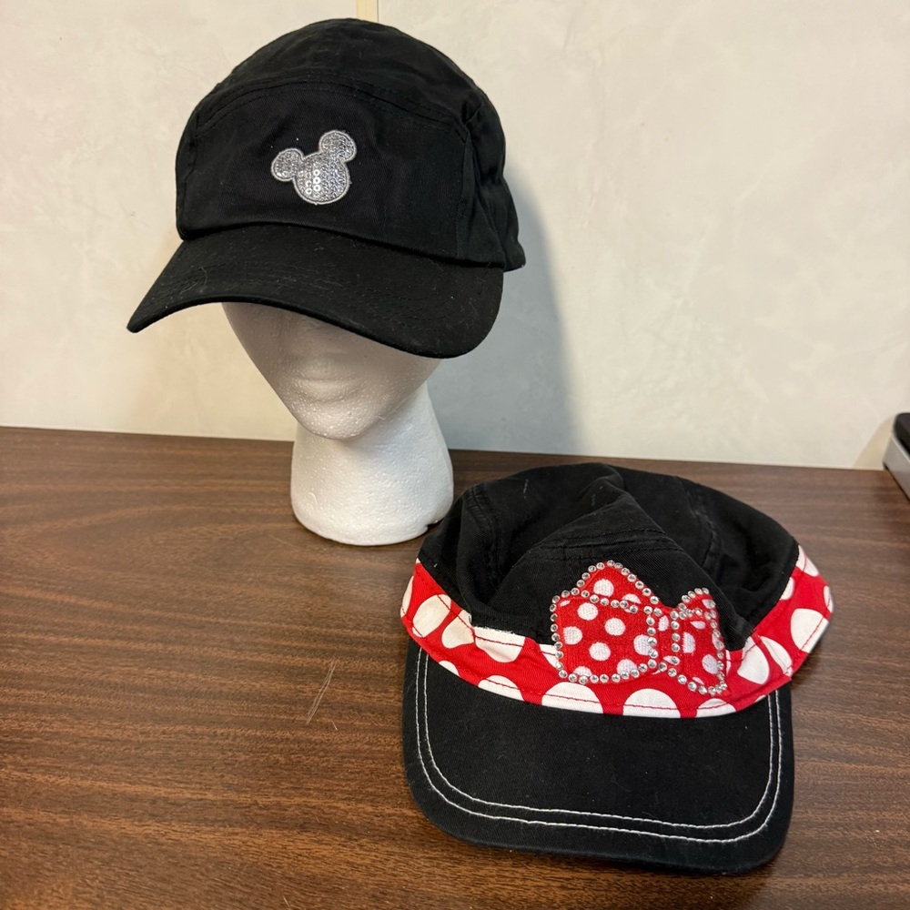 Lot Of 2 Disney Black Cotton Mickey Minnie Mouse Baseball Bill Hats Adjustable